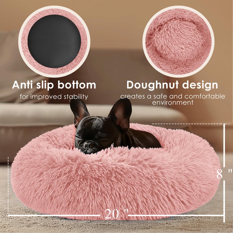 Hoewina Dog & Cat Bed, 20in Cat Beds for Indoor Cats, Calming Donut Bed for Puppy and Kitten, Washable Round Fluffy Pet Bed for Small Medium Dogs and Cats (Pink) - Image 3