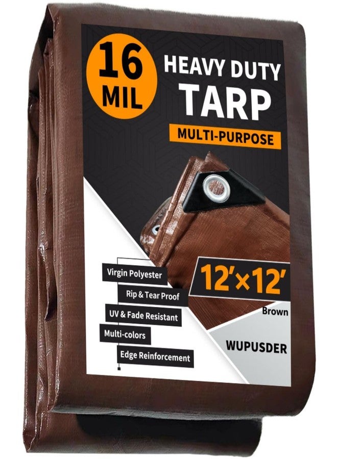 WUPUSDER Tarps Heavy Duty Waterproof 12x12ft, 16Mil Poly Tarps with Grommets, UV Resistant, Brown Multipurpose Tarpaulin with Reinforced Edges, Camping, Outdoor Coverings - Image 1