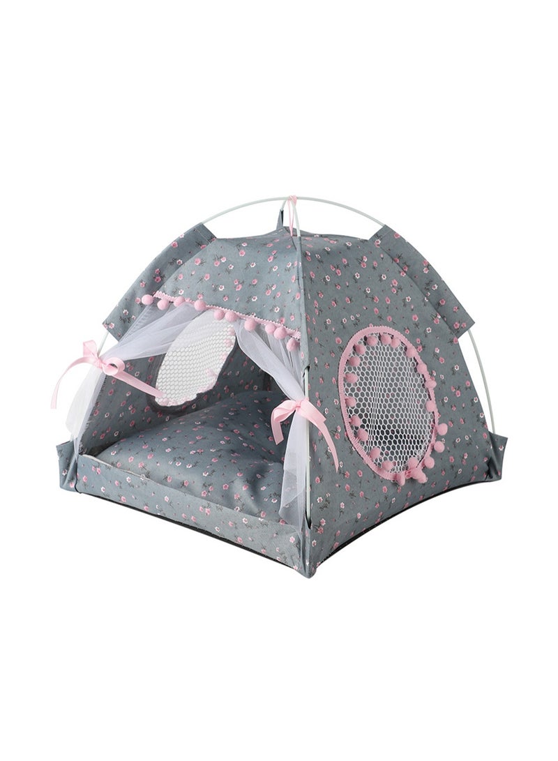 Cat Bed Tent Dog House Indoor and Outdoor Lace Mesh Breathable Window Door Curtain Removable Portable Nest Tent House (Small Gray) - Image 1