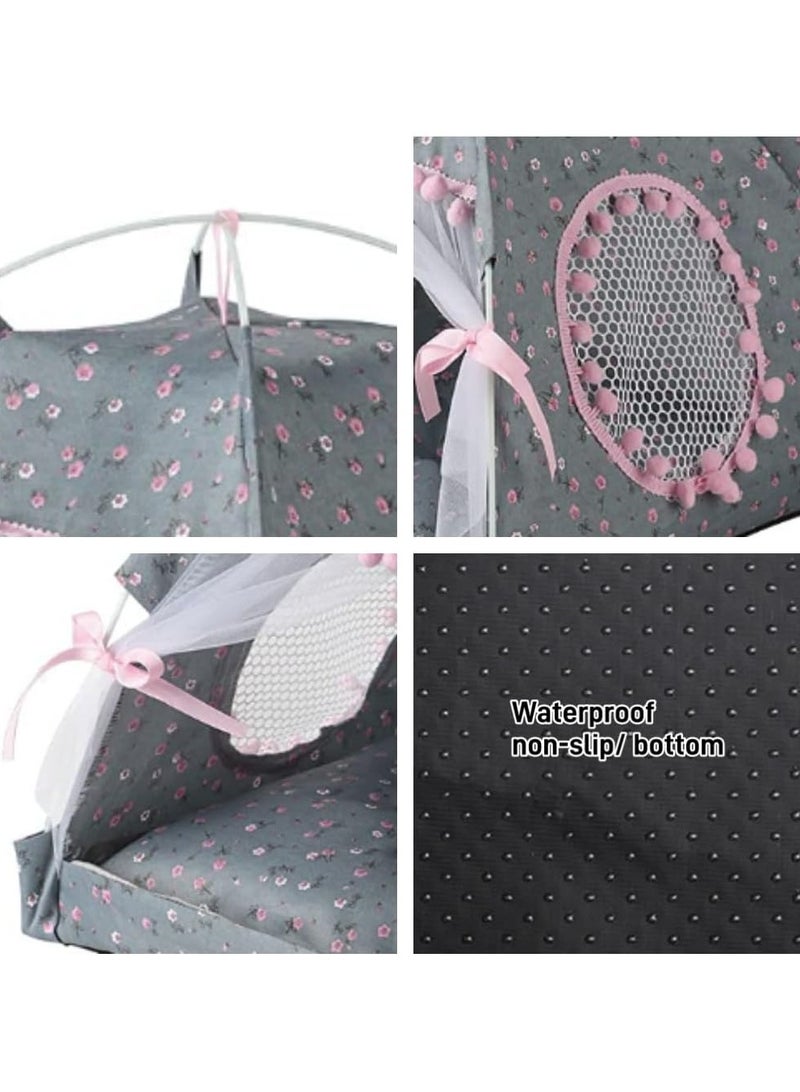 Cat Bed Tent Dog House Indoor and Outdoor Lace Mesh Breathable Window Door Curtain Removable Portable Nest Tent House (Small Gray) - Image 2