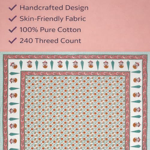 ElanorHomes 240 TC Cotton Double King Size Bedsheet | Ultra-Soft & Skin-Safe | Breathable Summer Comfort | 93x108 inches with 2 Pillow Covers (Saffron Fern) - Image 3