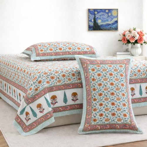 ElanorHomes 240 TC Cotton Double King Size Bedsheet | Ultra-Soft & Skin-Safe | Breathable Summer Comfort | 93x108 inches with 2 Pillow Covers (Saffron Fern) - Image 1