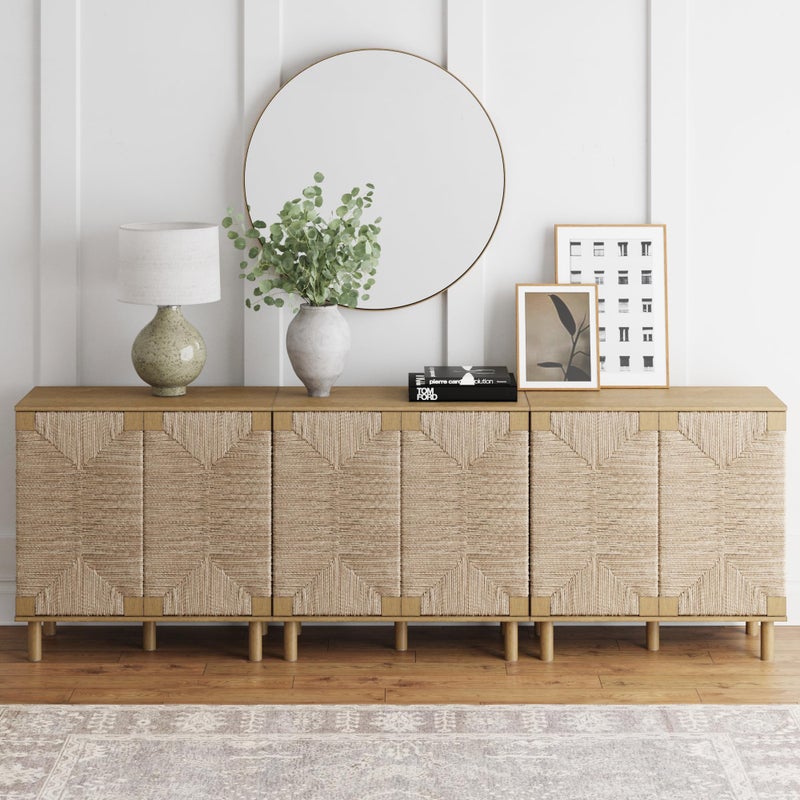 Nathan James Nathan James Beacon Accent Natural Sideboard Storage Cabinet TV Stand in Light Wood with Adjustable Interior Shelf and Seagrass Doors for Hallway Entryway or Dining Room Light Brown Set of 3 