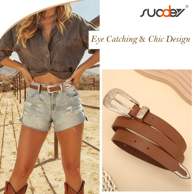 SUOSDEY Western Skinny Leather Belt for Women Cowgirl Cowboy Carving Buckle Waist Belt for Jeans Dresses,0.8" Width,brown - Image 4