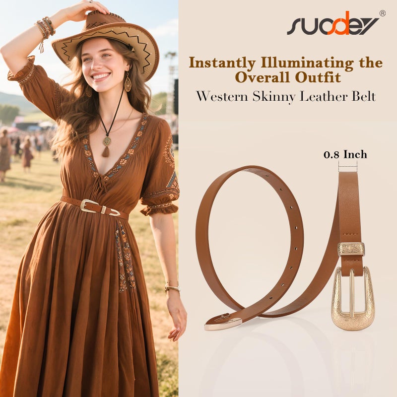SUOSDEY Western Skinny Leather Belt for Women Cowgirl Cowboy Carving Buckle Waist Belt for Jeans Dresses,0.8" Width,brown - Image 2