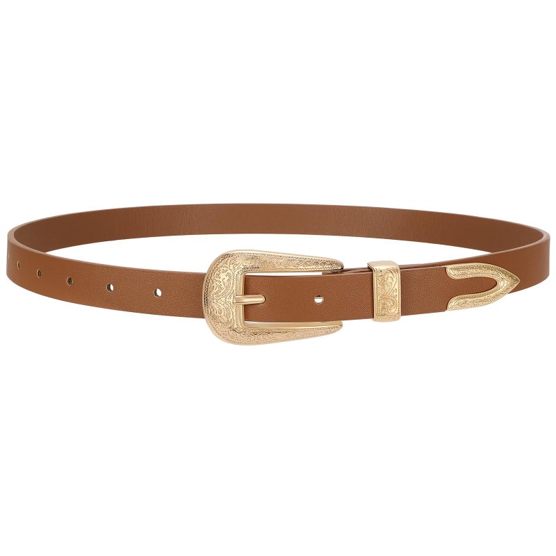 SUOSDEY Western Skinny Leather Belt for Women Cowgirl Cowboy Carving Buckle Waist Belt for Jeans Dresses,0.8" Width,brown - Image 1