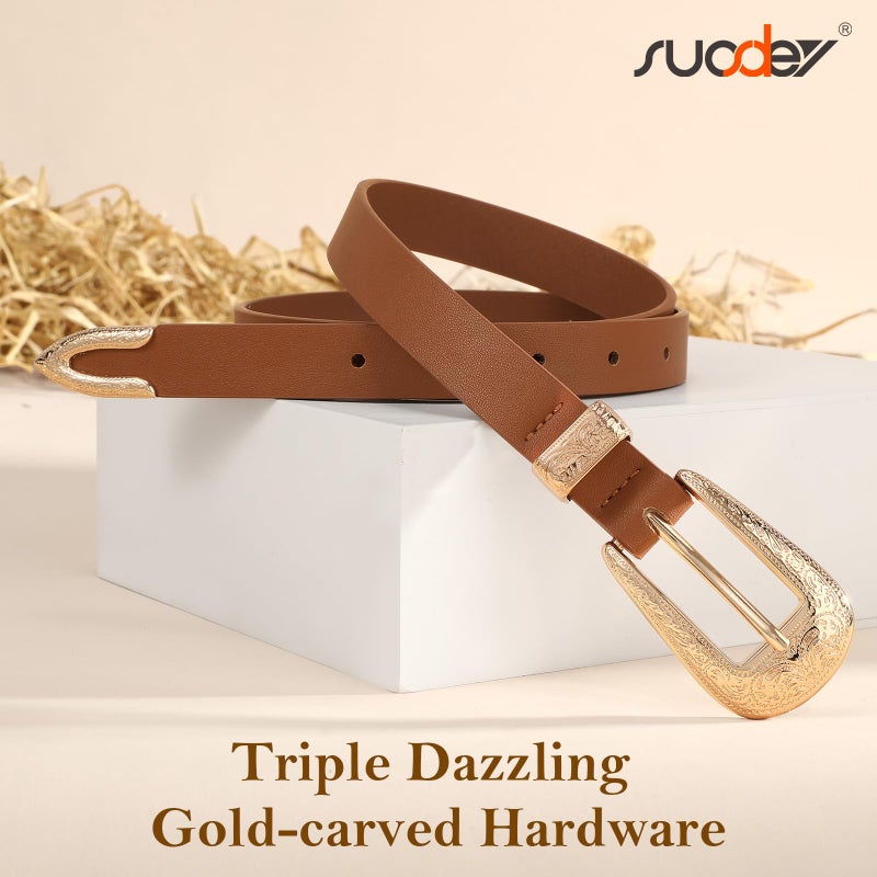 SUOSDEY Western Skinny Leather Belt for Women Cowgirl Cowboy Carving Buckle Waist Belt for Jeans Dresses,0.8" Width,brown - Image 5