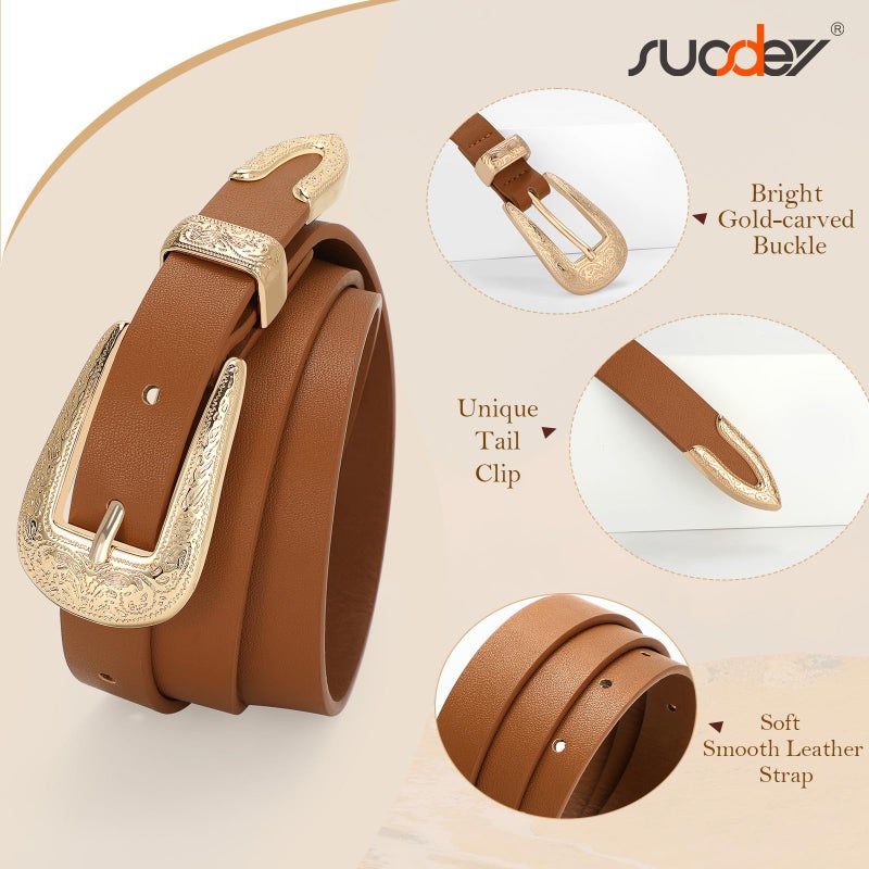 SUOSDEY Western Skinny Leather Belt for Women Cowgirl Cowboy Carving Buckle Waist Belt for Jeans Dresses,0.8" Width,brown - Image 3