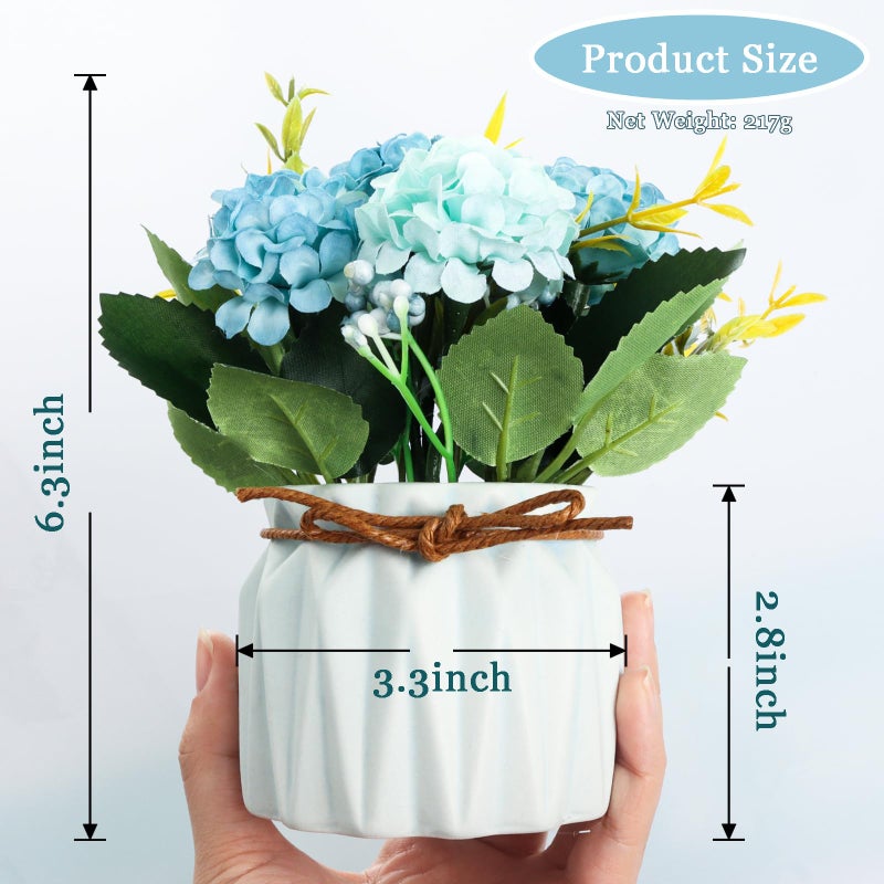 Fumwase Artificial Hydrangea Bouquet with Small Ceramic Vase Artificial Flower Plants Mini Fake Hydrangea Flowers Decoration Indoor for Home Office Table Bedroom Living Room Party (Blue) - Image 2