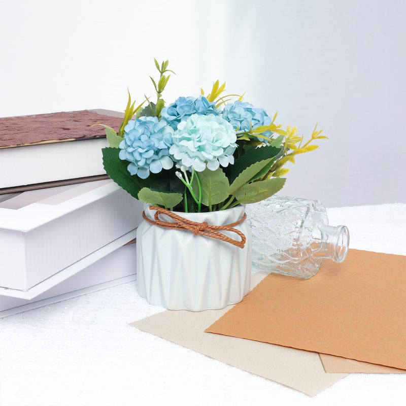 Fumwase Artificial Hydrangea Bouquet with Small Ceramic Vase Artificial Flower Plants Mini Fake Hydrangea Flowers Decoration Indoor for Home Office Table Bedroom Living Room Party (Blue) - Image 4