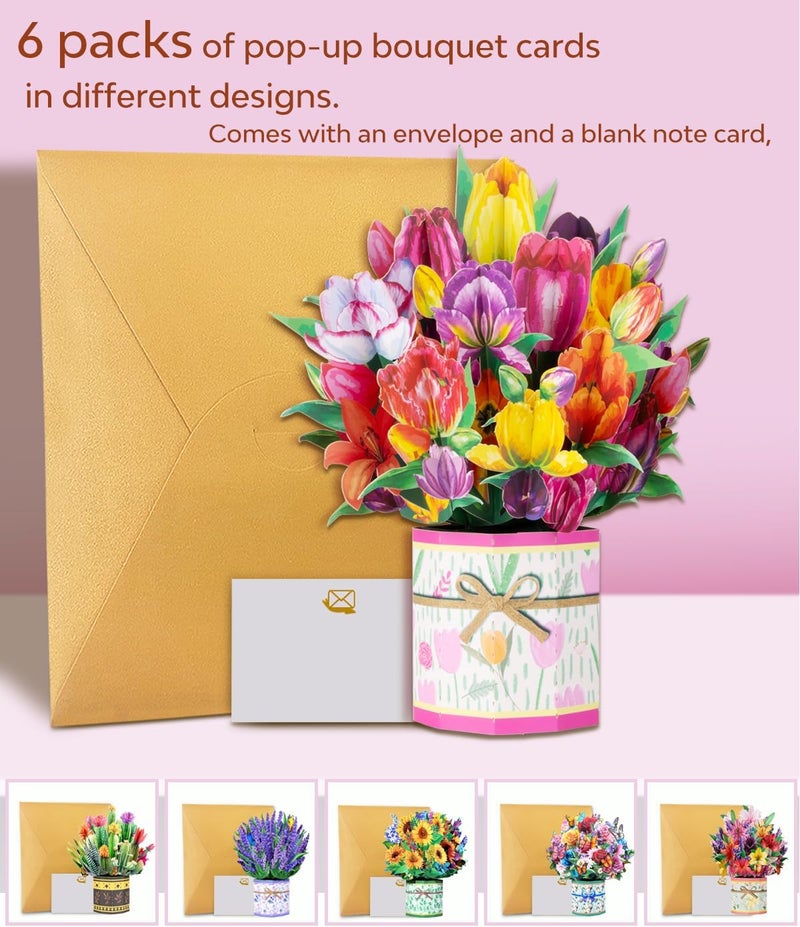 Magic Ants Pop Up Flower Bouquet Card Set for Women – 6 Unique 3D Floral Designs with Envelopes and Blank Note Cards for Birthdays, Mother's Day, Thank You, Get Well, and More - Image 5