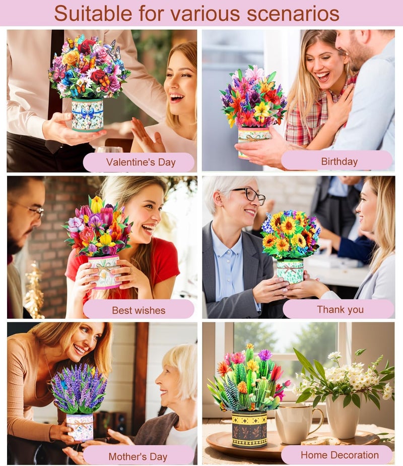 Magic Ants Pop Up Flower Bouquet Card Set for Women – 6 Unique 3D Floral Designs with Envelopes and Blank Note Cards for Birthdays, Mother's Day, Thank You, Get Well, and More - Image 2