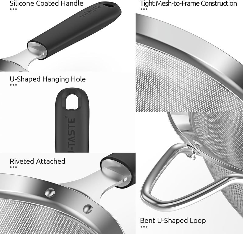 U-Taste Kitchen Fine Mesh Strainer, 18/8 Stainless Steel Sifter Food Sieve for Sifting Flour Spice Powder, Straining Pasta Fruit Juice, Filtering Tea Coffee (14cm, Black) - Image 4
