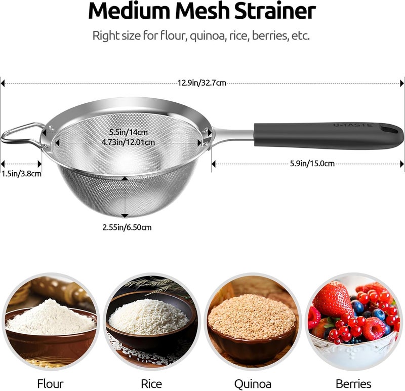 U-Taste Kitchen Fine Mesh Strainer, 18/8 Stainless Steel Sifter Food Sieve for Sifting Flour Spice Powder, Straining Pasta Fruit Juice, Filtering Tea Coffee (14cm, Black) - Image 2