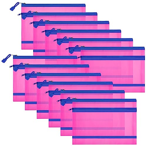 Sinzip 12 Pieces Zipper Nylon Mesh Pouch Mesh Cosmetic Bags Makeup Bags Pencil Case Multipurpose Travel Bags for Cosmetic School Office Supplies and Travel Accessories 2 LayersHot Pink A5 - Image 1