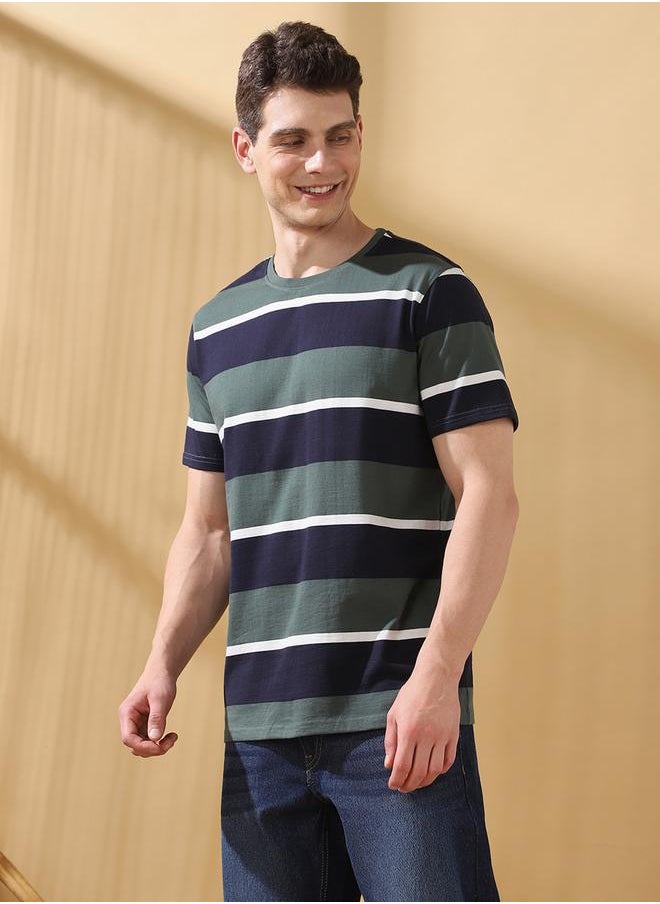 Dennis Lingo Men's Green Cotton Blend Striped Regular Fit T-Shirt  - Image 2