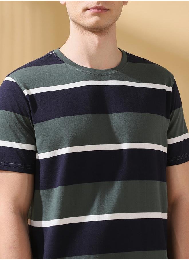 Dennis Lingo Men's Green Cotton Blend Striped Regular Fit T-Shirt  - Image 5
