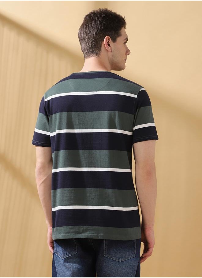 Dennis Lingo Men's Green Cotton Blend Striped Regular Fit T-Shirt  - Image 3