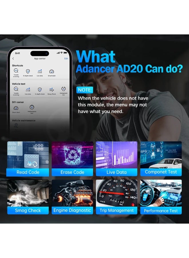 AD20 OBD2 Scanner for iPhone/Android, Check Engine Light Diagnostic Tool, Car Scanner with Live Data, Freeze Frame, Performance Test - Image 4