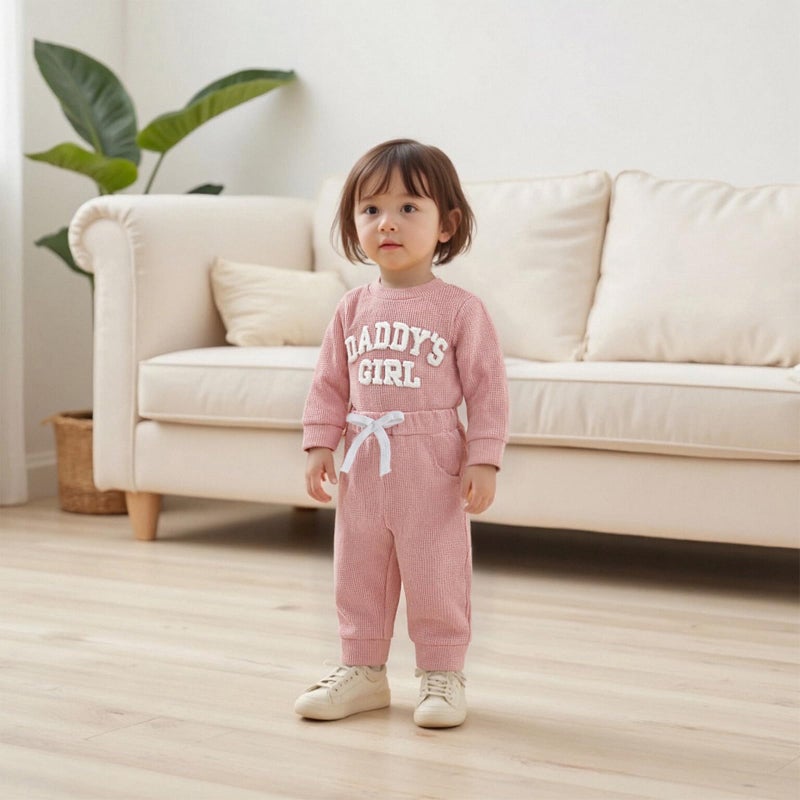 allshope Newborn Baby Girl Fall Outfit Romper Long Sleeve Daddy Girl Embroidery Jumpsuit Bodysuit Pants Infant Waffle Clothes (Color Pink, 3-6 Months) - Image 4