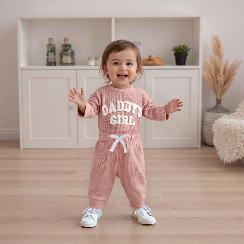 allshope Newborn Baby Girl Fall Outfit Romper Long Sleeve Daddy Girl Embroidery Jumpsuit Bodysuit Pants Infant Waffle Clothes (Color Pink, 3-6 Months) - Image 3