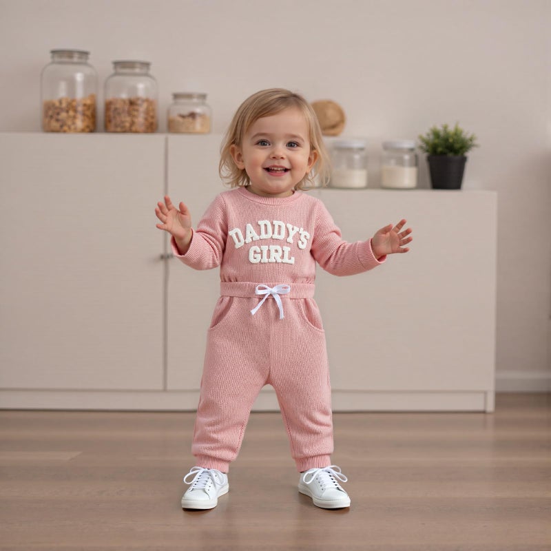 allshope Newborn Baby Girl Fall Outfit Romper Long Sleeve Daddy Girl Embroidery Jumpsuit Bodysuit Pants Infant Waffle Clothes (Color Pink, 3-6 Months) - Image 2