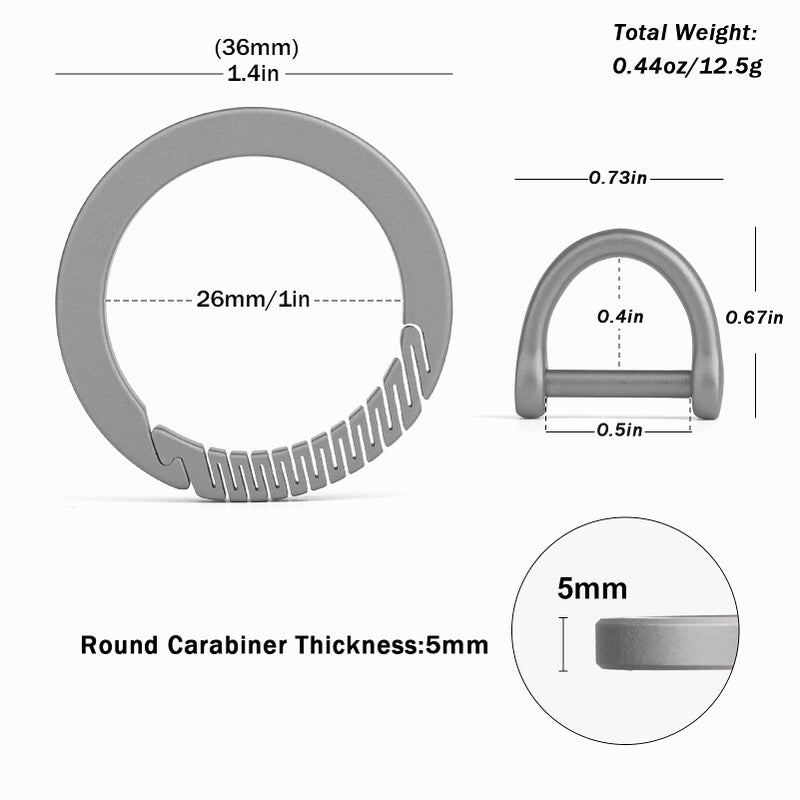 TISUR Titanium Carabiner Keychain Clip,D Key Rings for Keychains,Quick Release Keychain,Key Chain Clip for Men Women (Gray-Round) - Image 2