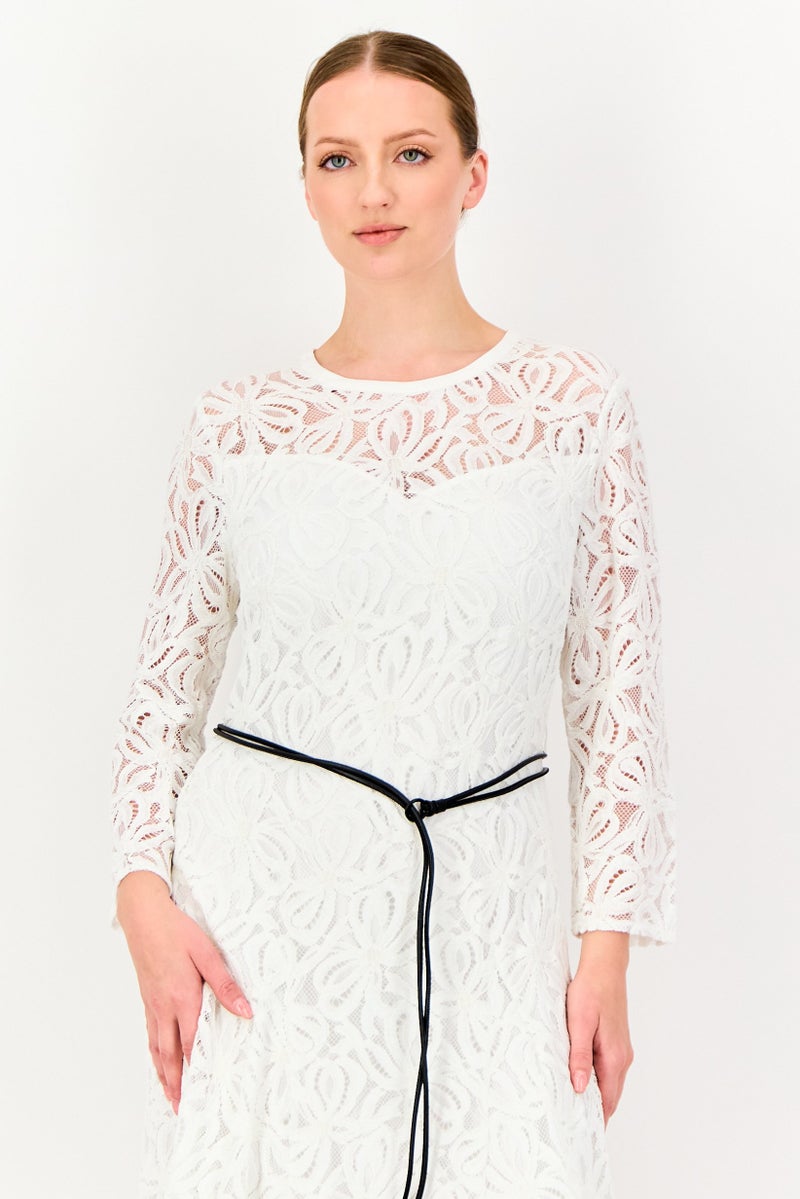 SELECTED Women Textured Midi Dress With Belt, Off White - Image 2