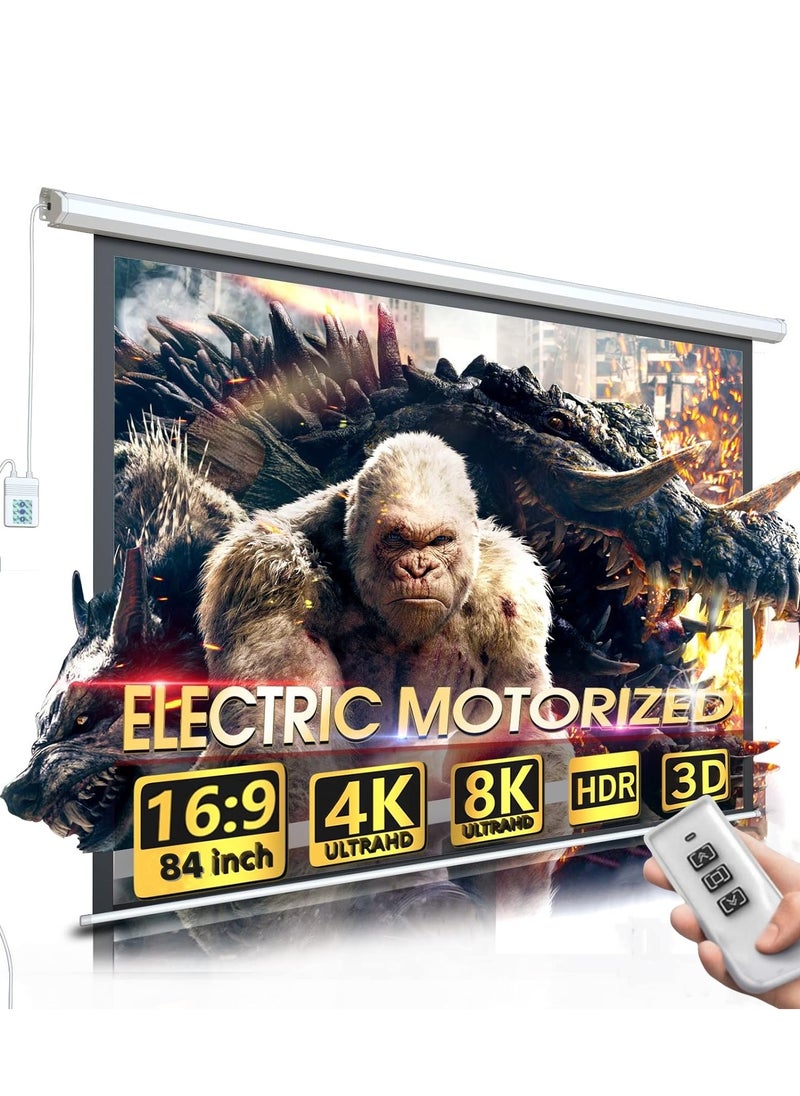Flash Hawk 84 Inch 16:9 Wall Mount Electric Projector Screen - Motorized Projection Curtain with Remote Control For Business/School/Office/Meeting  - Image 1