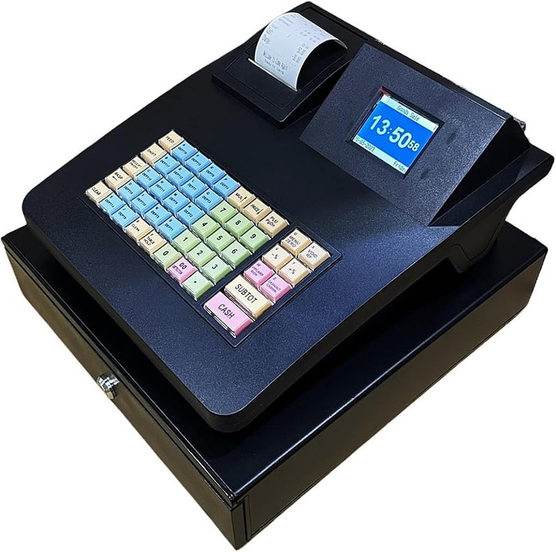 ROOUIO Cash Register, Electronic Cash Register, Fast Food Noodle Shop Convenience Jewelry Store Purple Light Currency Detector English ECR Cash Register - Image 1