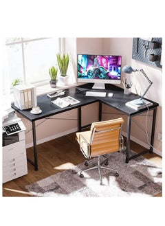 A modern L-shaped gaming table with a round removable shelf, suitable for the office and home
