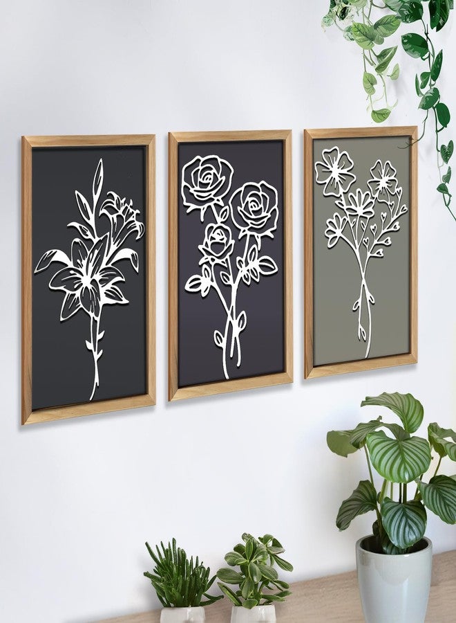 Meltset M Set of 3 3D Wooden Floral Wall Art, 11x15 Framed Botanical Decor - Rustic Flower Shadow Box Plaque, Boho Farmhouse Wall Art for Living Room Bedroom (Sage Green/Black/Grey) - Image 1