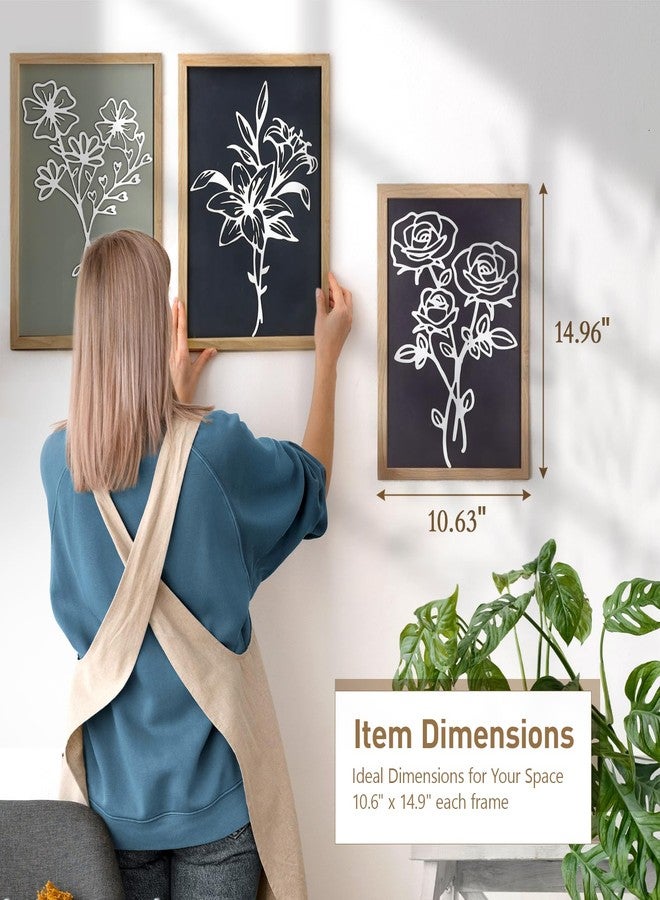 Meltset M Set of 3 3D Wooden Floral Wall Art, 11x15 Framed Botanical Decor - Rustic Flower Shadow Box Plaque, Boho Farmhouse Wall Art for Living Room Bedroom (Sage Green/Black/Grey) - Image 4