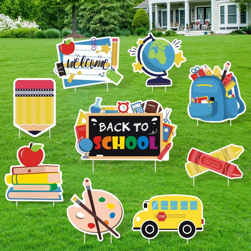 Huray Rayho Huray Rayho Welcome Back to School Yard Signs with Stakes Back to School Yard Decorations Classroom Cutouts 1st Day of School Outdoor Lawn Sign Colorful School Yard Ornaments Party Supplies Set of 9 
