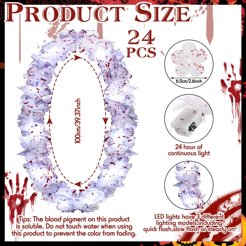 Sherr Sherr 24 Pcs LED Leis Light Up Wedding Hawaiian Leis Flower Necklace Hawaiian Leis with LED Lights Beach Tropical Carnival Party Wedding Supplies Luau Leis for Masquerade(Blood Rose Color)  - Image 2