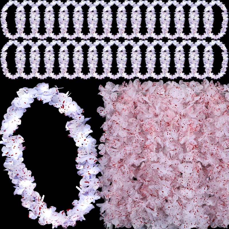Sherr Sherr 24 Pcs LED Leis Light Up Wedding Hawaiian Leis Flower Necklace Hawaiian Leis with LED Lights Beach Tropical Carnival Party Wedding Supplies Luau Leis for Masquerade(Blood Rose Color)  - Image 1