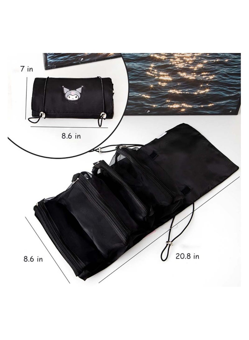 Kawaii Hanging Toiletry Bag, Cute Kuromi Cosmetic Bag Makeup Bag, Portable Organizer Travel Bag with Lanyard, Foldable Waterproof Toiletry Bag for Women Girls (Black) - Image 5