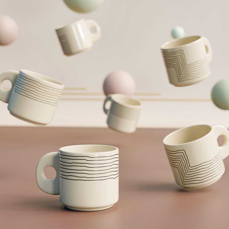 The Earth Store Cream Black Ziggy Ceramic Tea Cup Set of 6 200 ML Each Microwave and Dishwasher Safe Coffee Cups Cup Set of 6 for TeaChai Coffee Ideal for Gifting Home Office Every Occasion