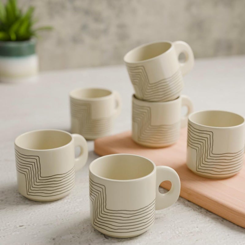 The Earth Store Cream Black Ziggy Ceramic Tea Cup Set of 6 200 ML Each Microwave and Dishwasher Safe Coffee Cups Cup Set of 6 for TeaChai Coffee Ideal for Gifting Home Office Every Occasion