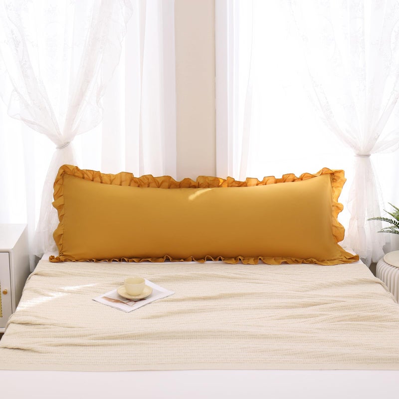 Merryword Mustard Yellow Body Pillow Cover 20x54inches Long Pillowcase Yellow Ruffled Chic Boho Pillowcases Ruffled Fringe Decor Body Ruffled Pillow Sham Cute Pillowcase (1 Body  Mustard Yellow) - Image 2
