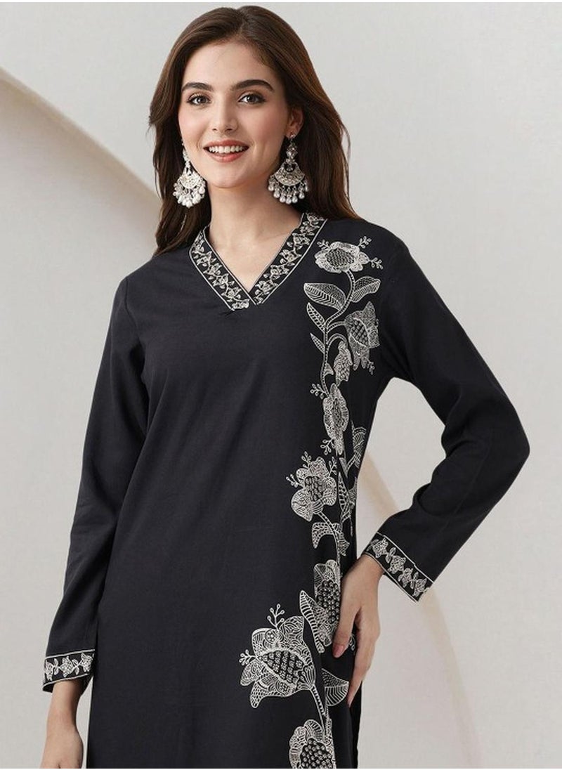 ISHIN Women's Black Rayon Embellished Tunic Full Length Palazzo Straight Fit Kurta Set  - Image 2