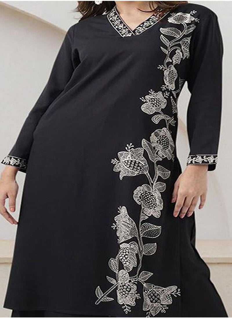 ISHIN Women's Black Rayon Embellished Tunic Full Length Palazzo Straight Fit Kurta Set  - Image 3