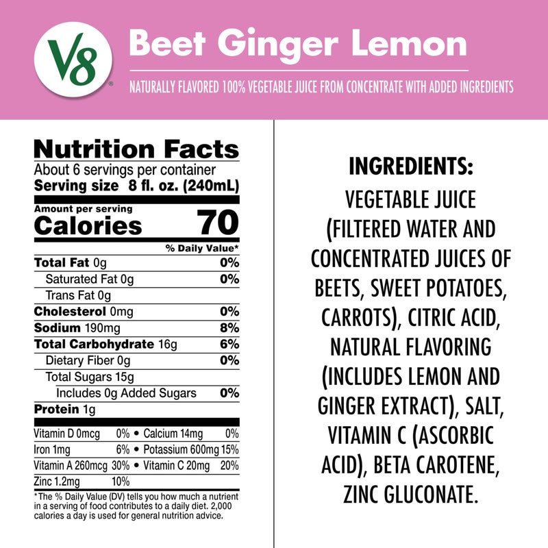 V8 Beet Ginger Lemon 100% Vegetable Juice, 46 fl oz Bottle - Image 4