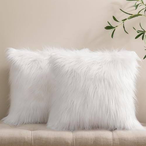 Phantoscope Pack of 2 Faux Fur Solid Throw Decorative Pillow Cover Cushion Covers Luxury Soft Decorative Pillowcase Fuzzy Pillow Covers for Bed/Couch, White 18 x 18 Inches - Image 1
