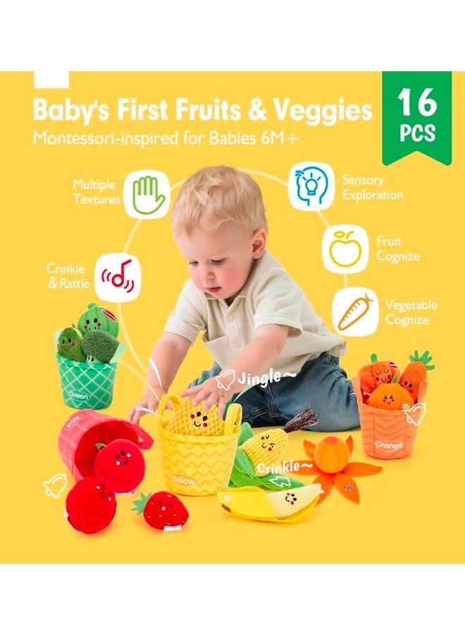 SUZZ Baby Sensory Toys - 16PCS Fruit Vegetable Color Sorting Play Food with Crinkle, Rattle, Baby Toys 6-12 Months Montessori Toys for 1 Year Old Boy Girl Birthday Gifts - Image 2