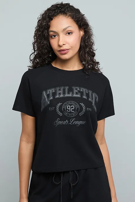أر أند بي Embossed Print T-Shirt with Crew Neck and Short Sleeves