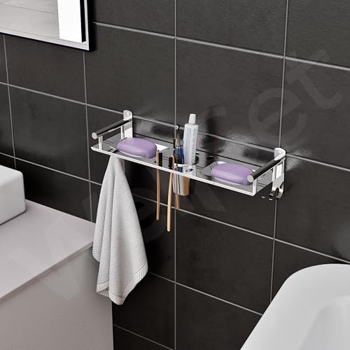 Well Set Stainless Steel Bathroom Wall Shelf | Multipurpose Soap Holder with Toothbrush & Tumbler Stand and Towel Hook | Space-Saving Wall Mounted Organizer Rack (Silver) - Image 4