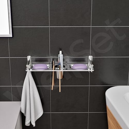 Well Set Stainless Steel Bathroom Wall Shelf | Multipurpose Soap Holder with Toothbrush & Tumbler Stand and Towel Hook | Space-Saving Wall Mounted Organizer Rack (Silver) - Image 3