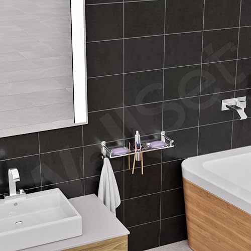 Well Set Stainless Steel Bathroom Wall Shelf | Multipurpose Soap Holder with Toothbrush & Tumbler Stand and Towel Hook | Space-Saving Wall Mounted Organizer Rack (Silver) - Image 2