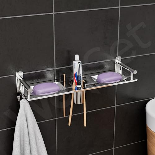 Well Set Stainless Steel Bathroom Wall Shelf | Multipurpose Soap Holder with Toothbrush & Tumbler Stand and Towel Hook | Space-Saving Wall Mounted Organizer Rack (Silver) - Image 1